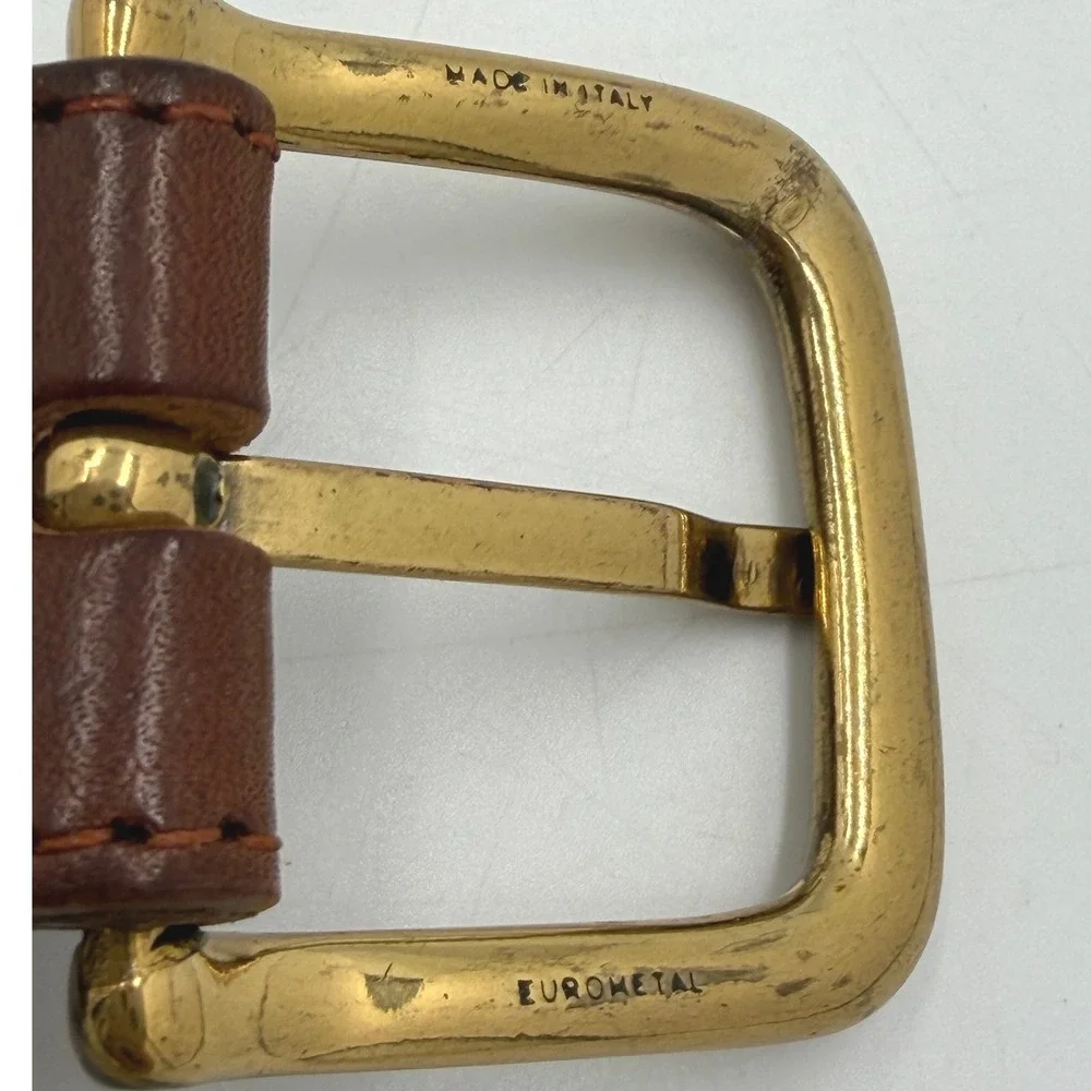 Eurometal Belt Mens 38 Brown Full Grain Leather Brass Buckle Made Italy